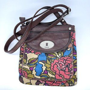 Fossil Key-Per Crossbody Purse Handbag Canvas Leather Bag Floral Brown Red Blue